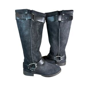 UGG Dree Black Leather Suede Harness Knee Boots Size 7 Round Toe Pull-On Moto